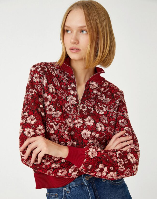 Jacquard Floral Sweater Half Zipper