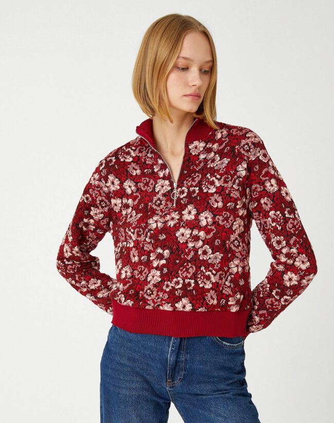 Jacquard Floral Sweater Half Zipper - Image 3